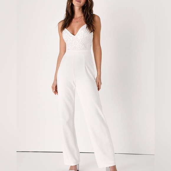 Brides! LULU'S sz L White Occasion Beaded Sequin Wide-Leg Pantsuit Party - Picture 1 of 11